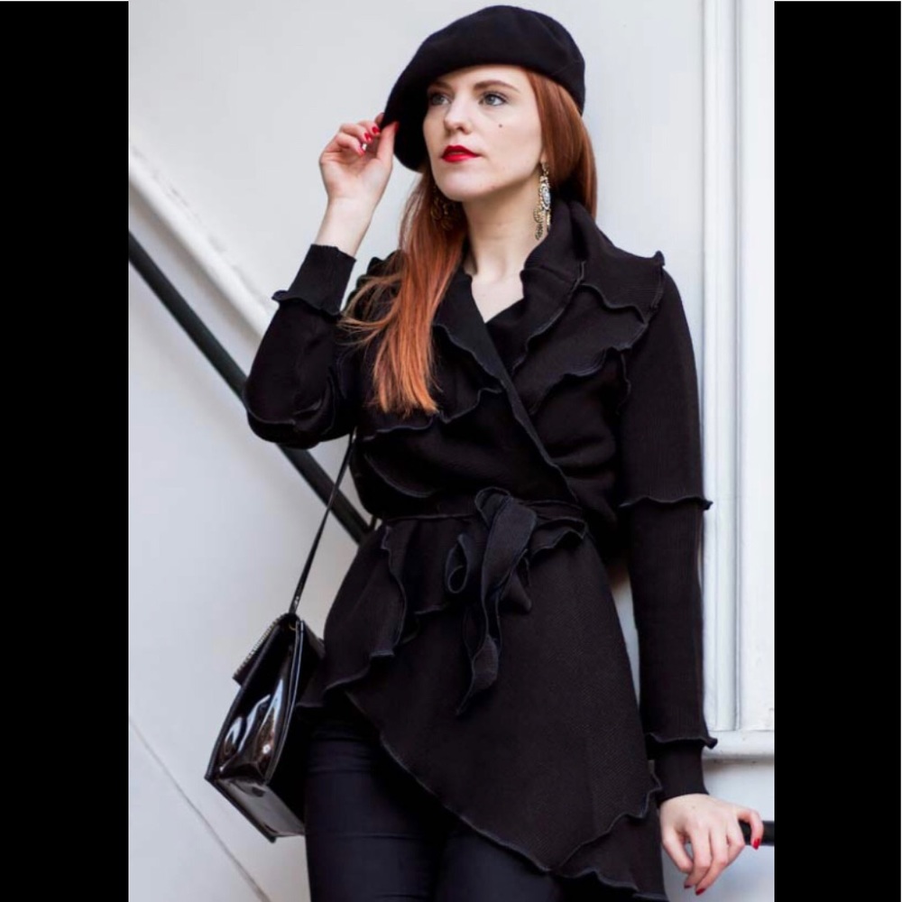 Marina Luna Black Boiled Wool Ruffle Cardigan Sweater Jacket Size Large